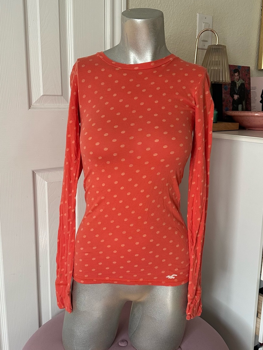 Y2K Hollister Orange & Pastel Yellow Polka Dot Long-Sleeve Tee